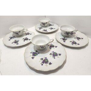 4 Mid Century Modern Shell Shaped Violets Bone China Luncheon Plates And Teacups